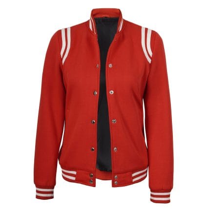 Women’s Varsity Baseball Jacket Red High School Letterman Bomber Style Fleece Jacket with Button Closure & Pockets - Image 2