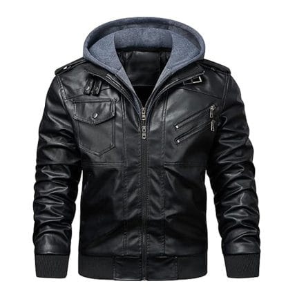 Men’s Black Leather Jacket with Removable Hood Zip-Up Biker Style, Casual Streetwear Outerwear with Multiple Pockets & Soft Lining - Image 2