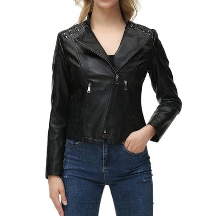 Women’s Leather Biker Jacket Moto Style Short Coat with Zip Pockets Casual Slim Fit Motorcycle Outerwear for Fashion & Riding - Image 8