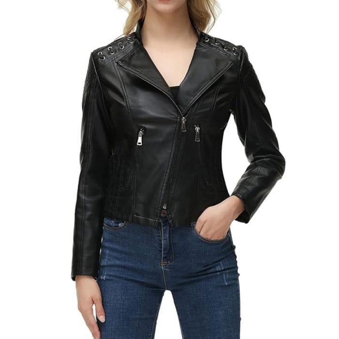 Women’s Leather Biker Jacket Moto Style Short Coat with Zip Pockets Casual Slim Fit Motorcycle Outerwear for Fashion & Riding - Image 8