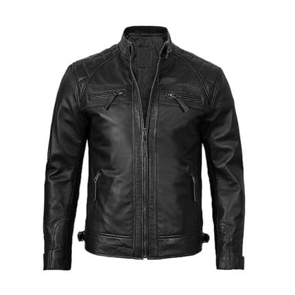 Men’s Black Cafe Racer Leather Jacket 100% Real Lambskin Biker Motorcycle Jacket with Quilted Shoulders, Slim Fit, YKK Zipper Pockets & Waist Adjusters Vintage Riding & Casual Fashion by Decrum - Image 2