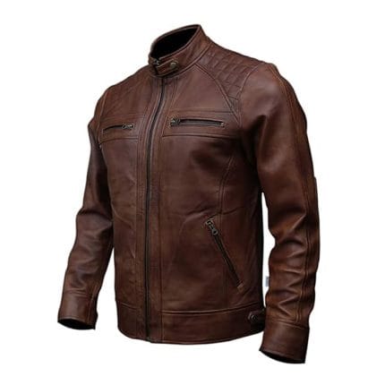 Men’s Vintage Brown Distressed Leather Biker Jacket Genuine Lambskin Motorcycle Coat Classic Cafe Racer Slim Fit Riding Jacket - Image 2