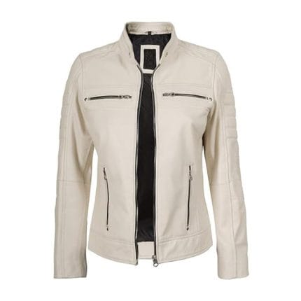 Women Off-White Faux Leather Jacket Stylish PU Cafe Racer Biker Jacket with Quilted Shoulders & Zipper Pockets - Image 2