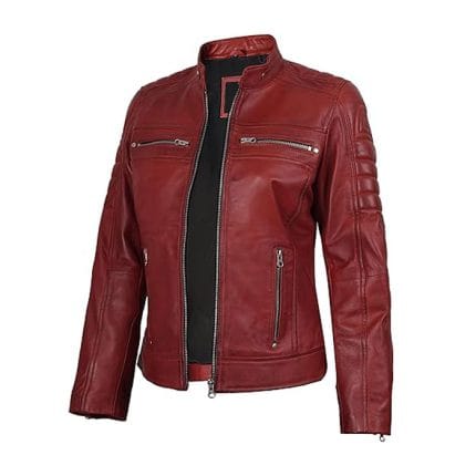 Women Red Faux Leather Jacket PU Motorcycle Biker Jacket, Stylish Cafe Racer Slim Fit with Quilted Shoulders & Multiple Zipper Pockets - Image 3
