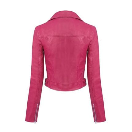 Women’s Fuchsia Faux Leather Moto Biker Jacket – Slim Fit Lightweight Outerwear with Zipper Pockets & Stylish Lapel Collar - Image 3