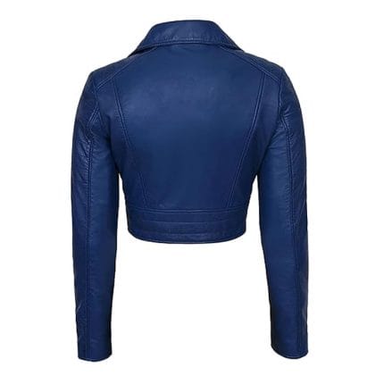 Women’s Navy Blue Cropped Faux Leather Biker Jacket Moto Style Short Coat with Zipper Closure, Buckle Straps & Side Pockets Trendy Casual & Party Wear Outerwear - Image 5