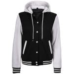 Women’s Hooded Varsity Jacket Black Body with White Sleeves | Classic Letterman High School Baseball Bomber Hoodie for Women, Fleece Outer & Soft Polyester Lining