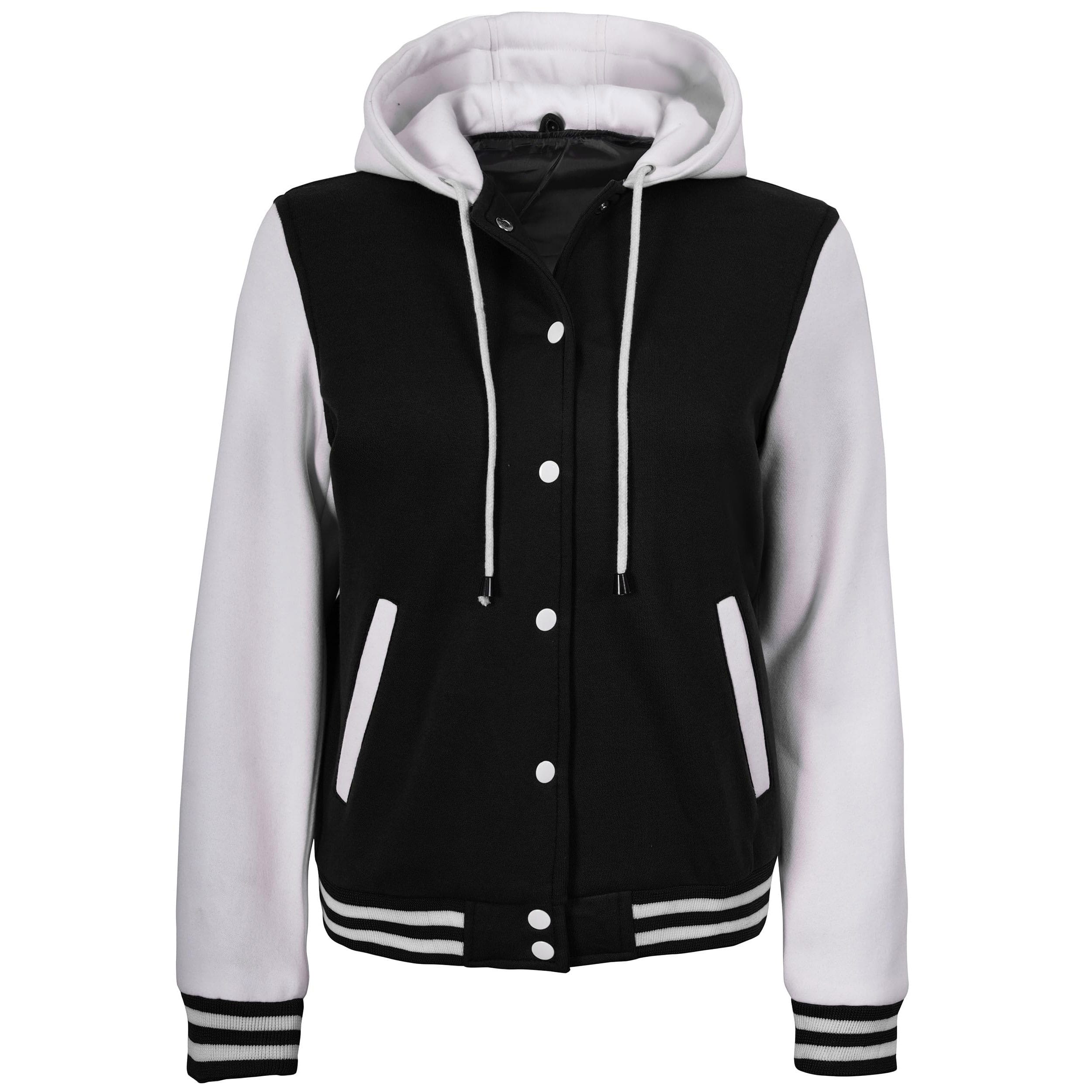 6 Women’s Hooded Varsity Jacket Black Body with White Sleeves | Classic Letterman High School Baseball Bomber Hoodie for Women, Fleece Outer & Soft Polyester Lining - Image 1