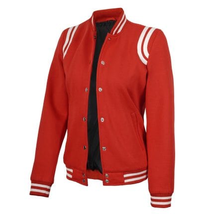 Women’s Varsity Baseball Jacket Red High School Letterman Bomber Style Fleece Jacket with Button Closure & Pockets - Image 3