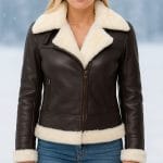 Women's Real Leather Shearling Jacket Winter Warm Bomber Coat with Faux Fur Collar & Cuffs | Slim Fit Moto Style Outerwear for Cold Weather