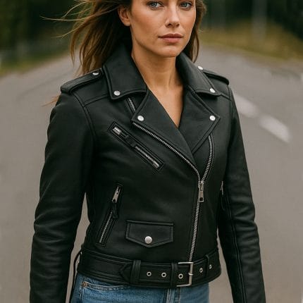 Women’s Premium Cowhide Leather Motorcycle Jacket Heavy-Duty Biker Style, Asymmetrical Zip, Adjustable Waist & Side Laces, Zip-Out Liner Classic Black Moto Riding Jacket - Image 2