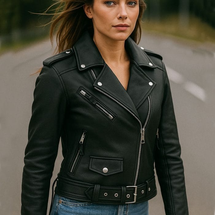 Women’s Premium Cowhide Leather Motorcycle Jacket Heavy-Duty Biker Style, Asymmetrical Zip, Adjustable Waist & Side Laces, Zip-Out Liner Classic Black Moto Riding Jacket - Image 2