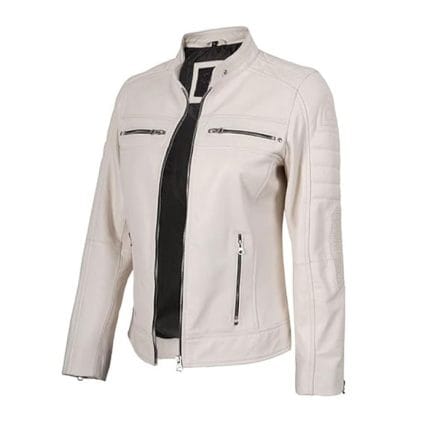 Women Off-White Faux Leather Jacket Stylish PU Cafe Racer Biker Jacket with Quilted Shoulders & Zipper Pockets - Image 3