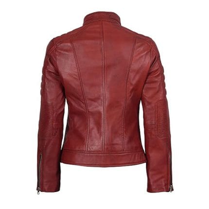 Women Red Faux Leather Jacket PU Motorcycle Biker Jacket, Stylish Cafe Racer Slim Fit with Quilted Shoulders & Multiple Zipper Pockets - Image 4