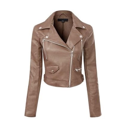 Women’s Cocoa Brown Faux Leather Moto Biker Jacket Slim Fit Stylish Outerwear with Zipper Details - Image 2