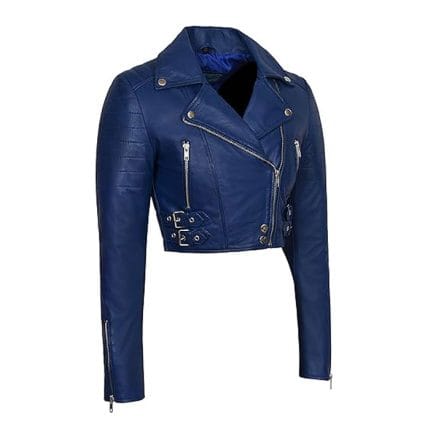 Women’s Navy Blue Cropped Faux Leather Biker Jacket Moto Style Short Coat with Zipper Closure, Buckle Straps & Side Pockets Trendy Casual & Party Wear Outerwear - Image 3