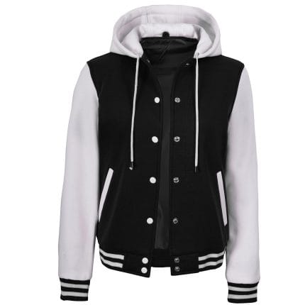 Women’s Hooded Varsity Jacket Black Body with White Sleeves | Classic Letterman High School Baseball Bomber Hoodie for Women, Fleece Outer & Soft Polyester Lining - Image 3