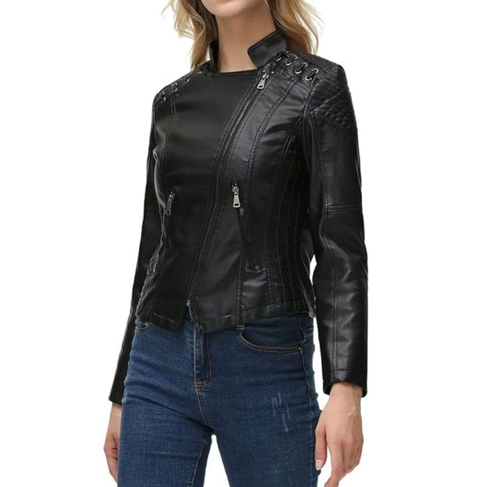 Women’s Leather Biker Jacket Moto Style Short Coat with Zip Pockets Casual Slim Fit Motorcycle Outerwear for Fashion & Riding - Image 9