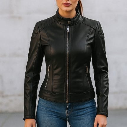 Women’s Genuine Leather Biker Jacket Slim Fit Motorcycle Style with Quilted Shoulders Stylish Moto Outerwear for Riding & Casual Wear - Image 5