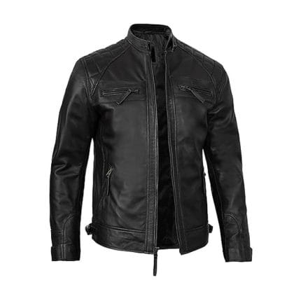 Men’s Black Cafe Racer Leather Jacket 100% Real Lambskin Biker Motorcycle Jacket with Quilted Shoulders, Slim Fit, YKK Zipper Pockets & Waist Adjusters Vintage Riding & Casual Fashion by Decrum - Image 5