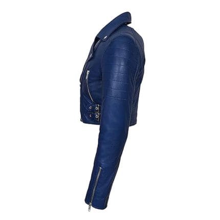 Women’s Navy Blue Cropped Faux Leather Biker Jacket Moto Style Short Coat with Zipper Closure, Buckle Straps & Side Pockets Trendy Casual & Party Wear Outerwear - Image 4