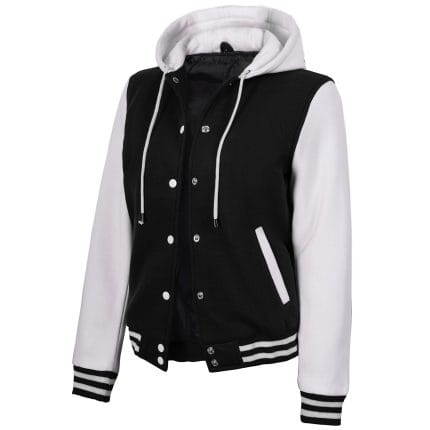 Women’s Hooded Varsity Jacket Black Body with White Sleeves | Classic Letterman High School Baseball Bomber Hoodie for Women, Fleece Outer & Soft Polyester Lining - Image 2