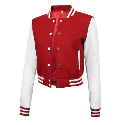 Red & White Cropped Varsity Jacket Women Trendy Baseball Letterman Bomber Jacket with Fleece & Polyester Lining - Image 3