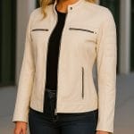 Women Off-White Faux Leather Jacket Stylish PU Cafe Racer Biker Jacket with Quilted Shoulders & Zipper Pockets