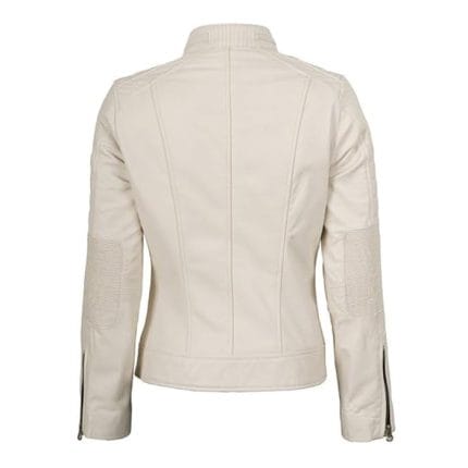Women Off-White Faux Leather Jacket Stylish PU Cafe Racer Biker Jacket with Quilted Shoulders & Zipper Pockets - Image 5