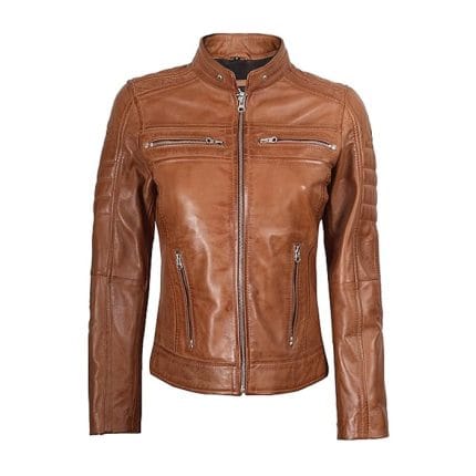Women Brown Faux Leather Jacket PU Slim Fit Cafe Racer Biker Jacket with Quilted Shoulders & Zipper Pockets - Image 3