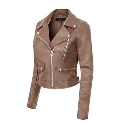 Women’s Cocoa Brown Faux Leather Moto Biker Jacket Slim Fit Stylish Outerwear with Zipper Details - Image 3