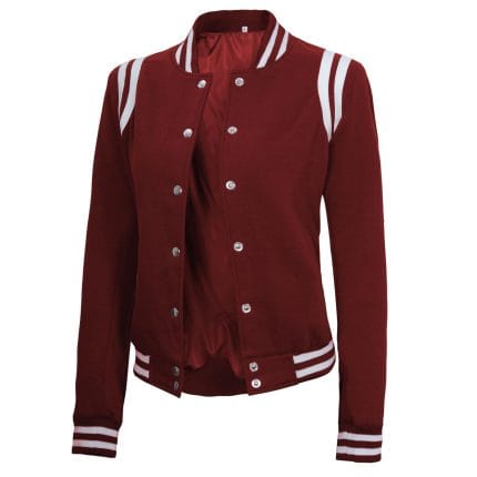 Women’s Varsity Baseball Jacket Maroon High School Letterman Bomber Style Fleece Jacket with Button Closure & Pockets - Image 3