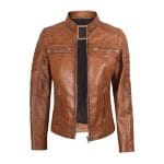 Women Brown Faux Leather Jacket PU Slim Fit Cafe Racer Biker Jacket with Quilted Shoulders & Zipper Pockets