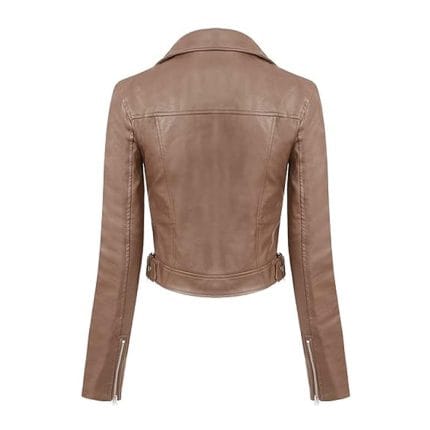 Women’s Cocoa Brown Faux Leather Moto Biker Jacket Slim Fit Stylish Outerwear with Zipper Details - Image 4