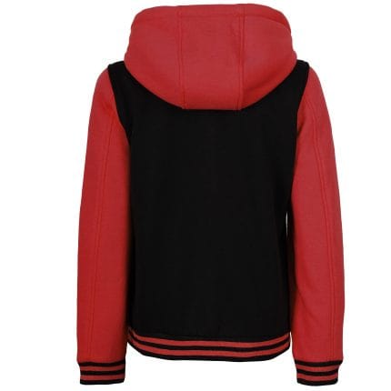 Women’s Hooded Varsity Jacket Black Body with Red Sleeves | Classic Letterman High School Baseball Bomber Hoodie for Women, Fleece Outer & Soft Polyester Lining - Image 4