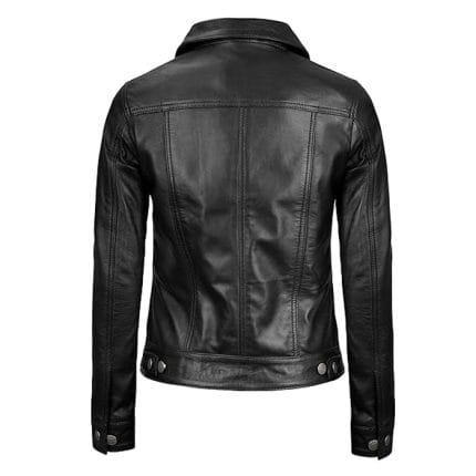 Women’s Black Real Lambskin Leather Jacket Stylish Trucker Coat with Button Closure, Multiple Pockets & Premium Quality Outerwear - Image 4