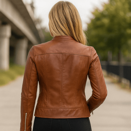 Women’s Real Lambskin Brown Leather Jacket Premium Motorcycle Biker Coat with Cafe Racer Style, Zipper Closure & Soft Inner Lining Classic Slim Fit Leather Outerwear for Casual & Party Wear - Image 2