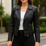 Women’s Leather Biker Jacket Moto Style Short Coat with Zip Pockets Casual Slim Fit Motorcycle Outerwear for Fashion & Riding