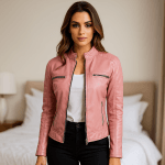 Women’s Pink Faux Leather Moto Biker Jacket Slim Fit, Lightweight, Stylish Zipper Detailing | Trendy Outerwear for All Seasons
