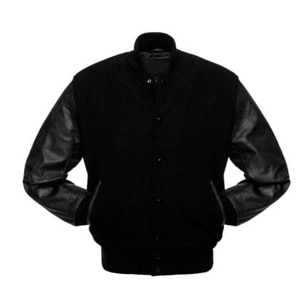 Men’s Black Varsity Jacket Wool Body with Faux Leather Sleeves | All Black Letterman College Jacket | Stylish Winter Streetwear Outerwear with Multiple Pockets - Image 2