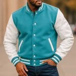 Men’s Sky Blue Varsity Jacket with White Faux Leather Sleeves | Classic Wool Letterman College Baseball Jacket | Stylish Winter Streetwear Outerwear