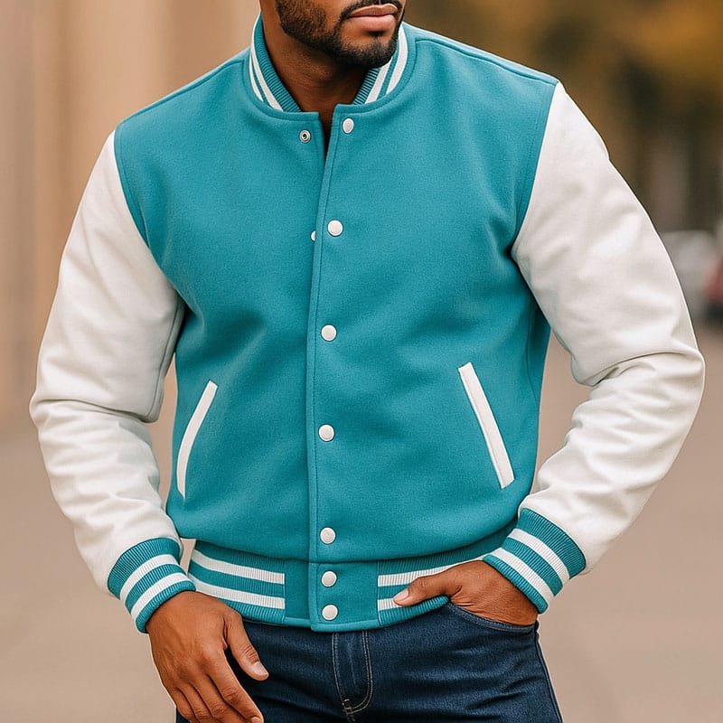 1 Men’s Sky Blue Varsity Jacket with White Faux Leather Sleeves | Classic Wool Letterman College Baseball Jacket | Stylish Winter Streetwear Outerwear - Image 1