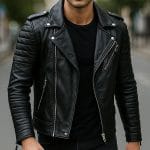Men’s Black Sheepskin Leather Biker Jacket Diamond Quilted, Slim Fit Motorcycle Riding Coat with Zipper & Multiple Pockets