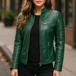 Women Green Faux Leather Jacket Stylish PU Motorcycle Biker Jacket, Cafe Racer Slim Fit with Quilted Shoulders & Zipper Pockets