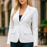 Women’s White Lambskin Leather Blazer 2-Button Suit Jacket with Notched Lapel Genuine Leather Formal & Casual Coat for Office, Travel & Evening Wear