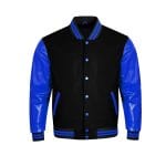 Men’s Varsity Wool Jacket Black Body with Navy Blue Faux Leather Sleeves | College Letterman Jacket with Navy Blue Stripes | Stylish Winter Outerwear with Multiple Pockets