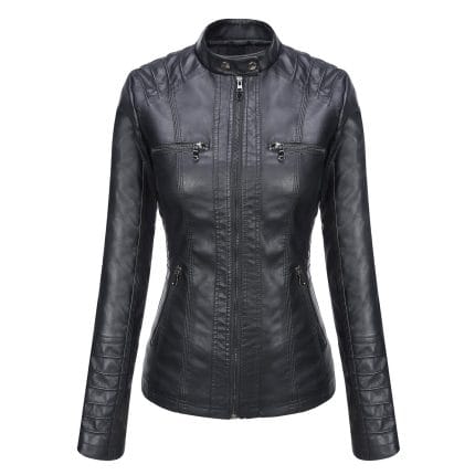 Women’s Black Faux PU Leather Jacket with Removable Hood Slim Fit Biker Moto Jacket - Image 2