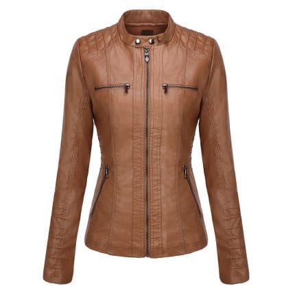 Women’s Brown Faux PU Leather Jacket with Removable Hood Slim Fit Moto Biker Style - Image 2