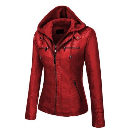 Women’s Red Faux PU Leather Jacket with Removable Hood Slim Fit Moto Biker Style - Image 3