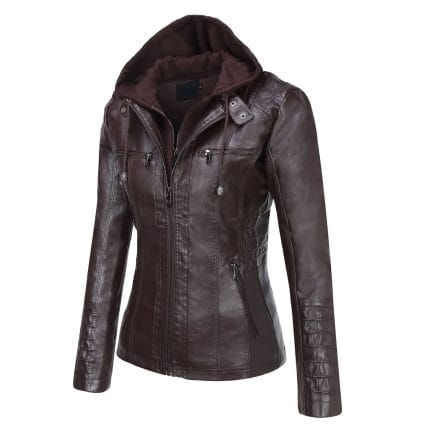 Women’s Dark Coffee Faux PU Leather Jacket with Removable Hood Slim Fit Moto Biker Style - Image 3